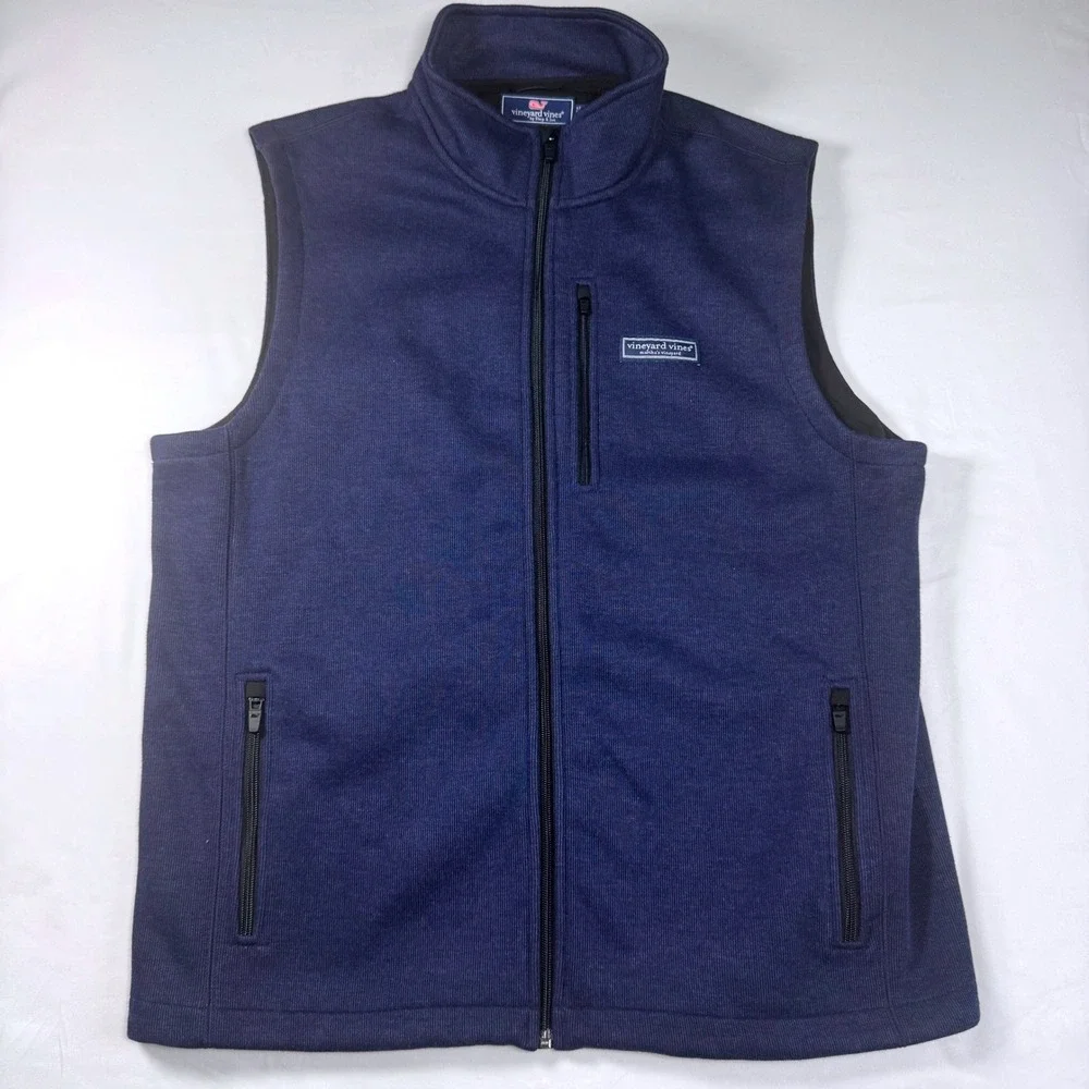 Vineyard Vines Harbor Fleece Vest Mens Large Blue Full Zip Sleeveless Jacket